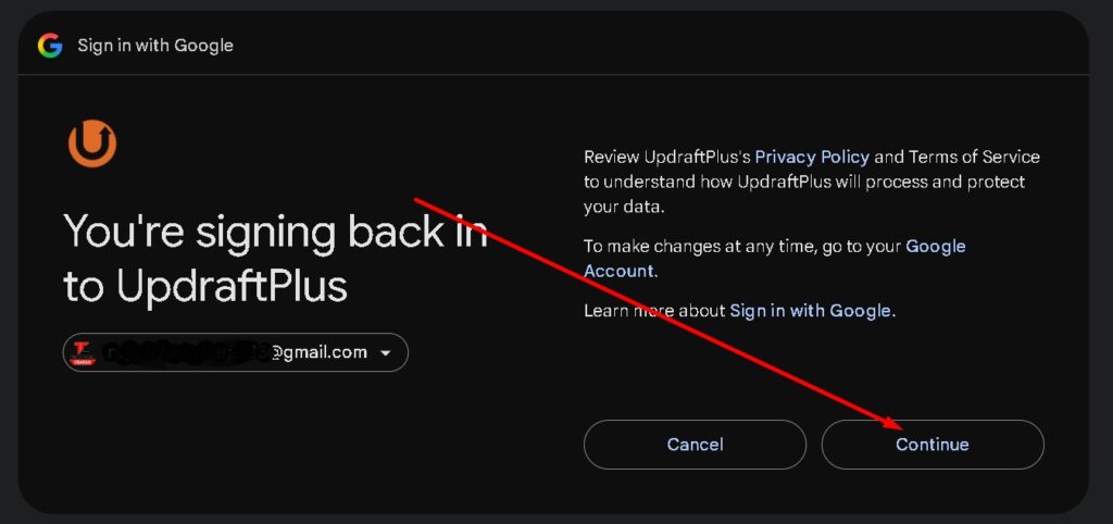 You signing back in to UpdraftPlus me continue par click kare