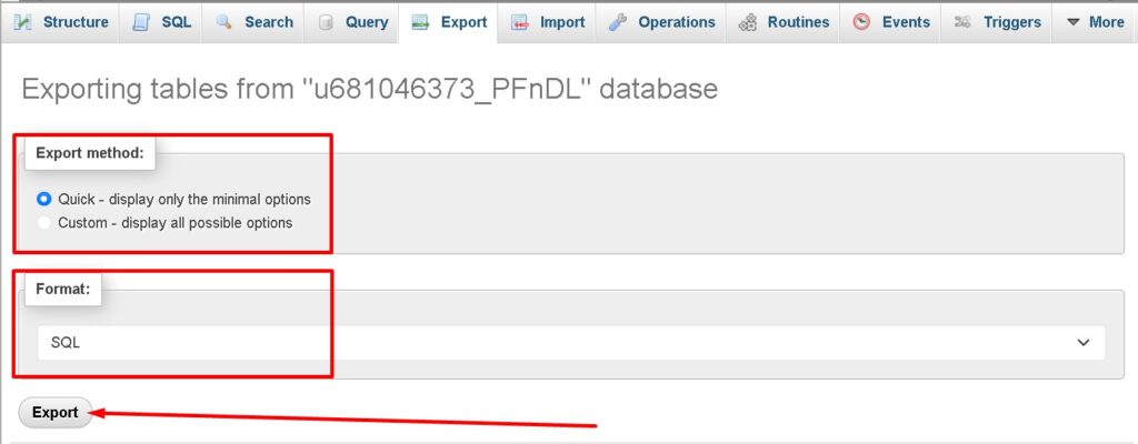database backup export kare