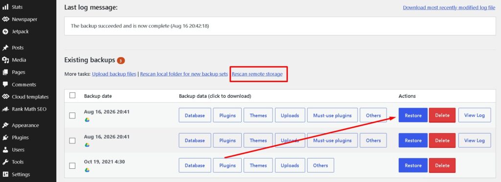 existing backup me restore par click kare