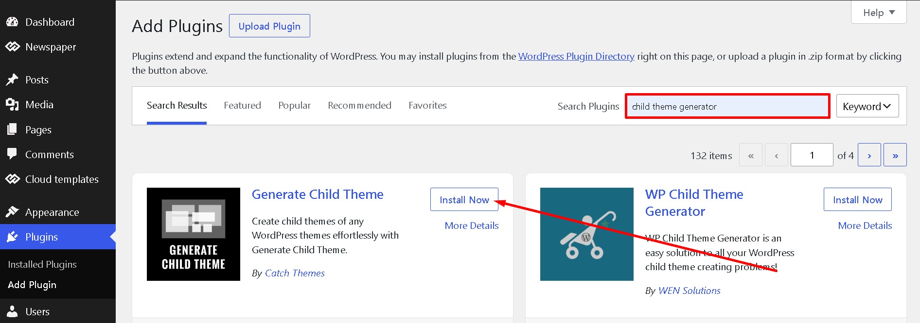 generate child theme install kare