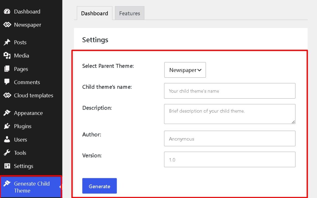 generate child theme setting