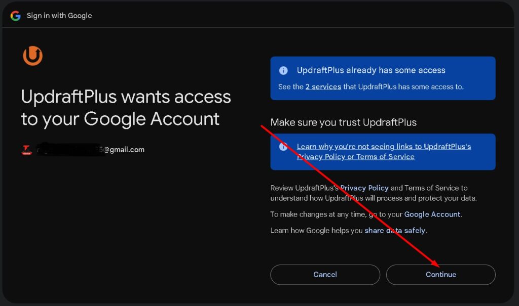 updraftplus wants acceess to your account me continue par click kare